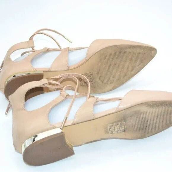 F21 Forever 21 Beige Tan Lace-Up Gladiator Flats Gold Heel Pointed Toe Shoes 9 - Picture 8 of 9